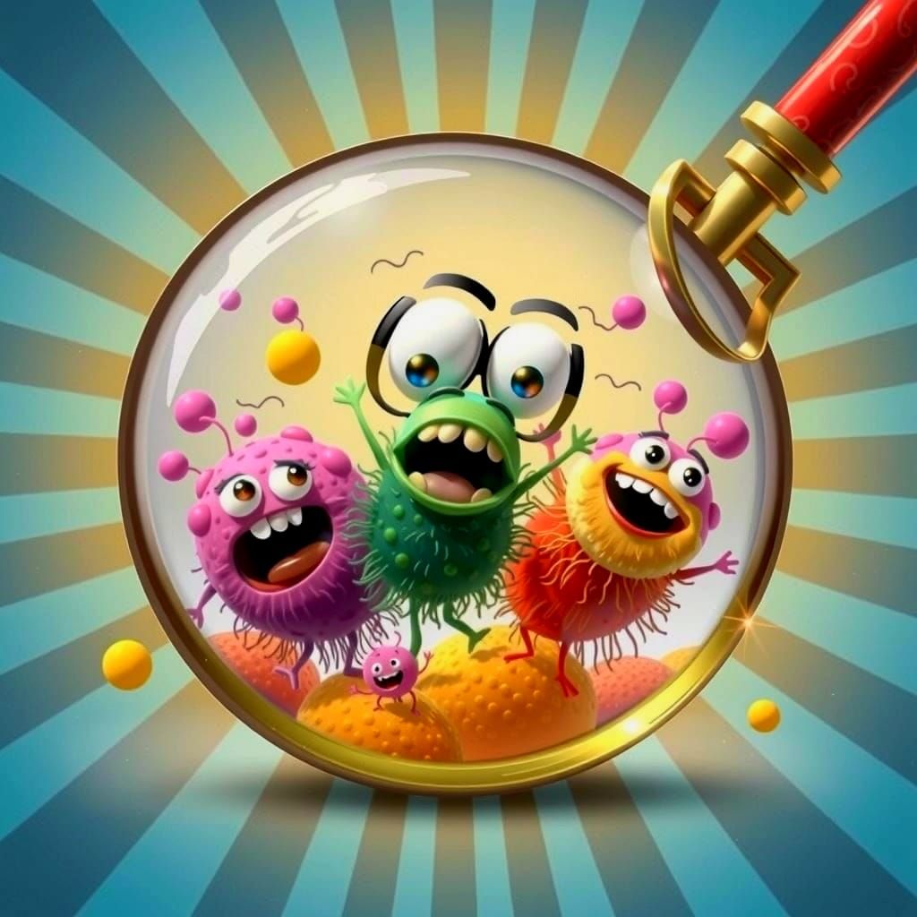 Cute Microbes Dancing Under Magnifying Glass in Cartoon Styl...
