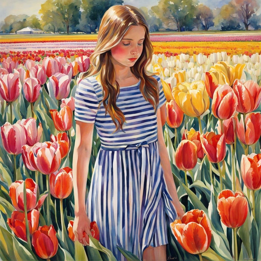Surreal Watercolor of a Girl Among Vibrant Tulips