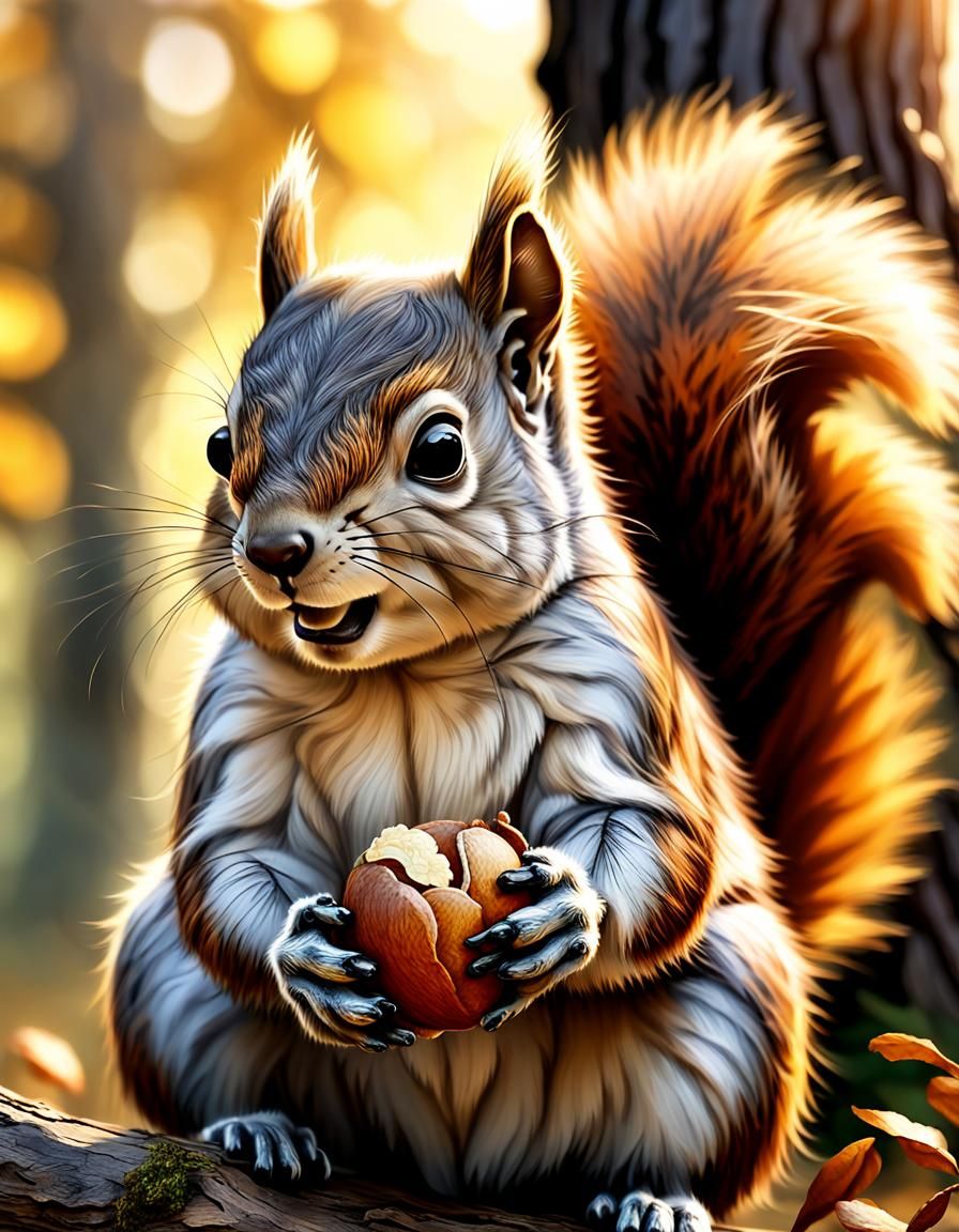 A close up of a squirrel with an oak nut in his paws hyper r...