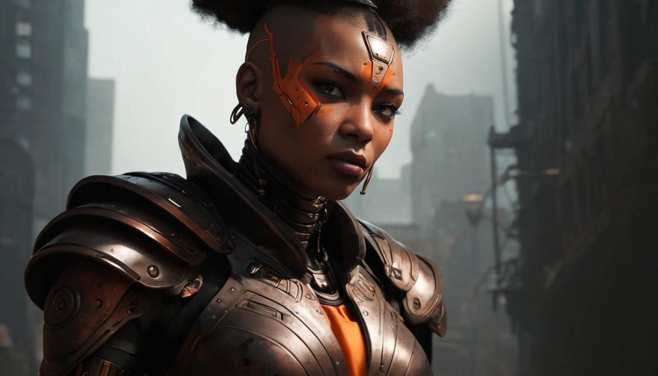 Sci-Fi Massai Battle Cyborg in Afrofuturistic Cityscape