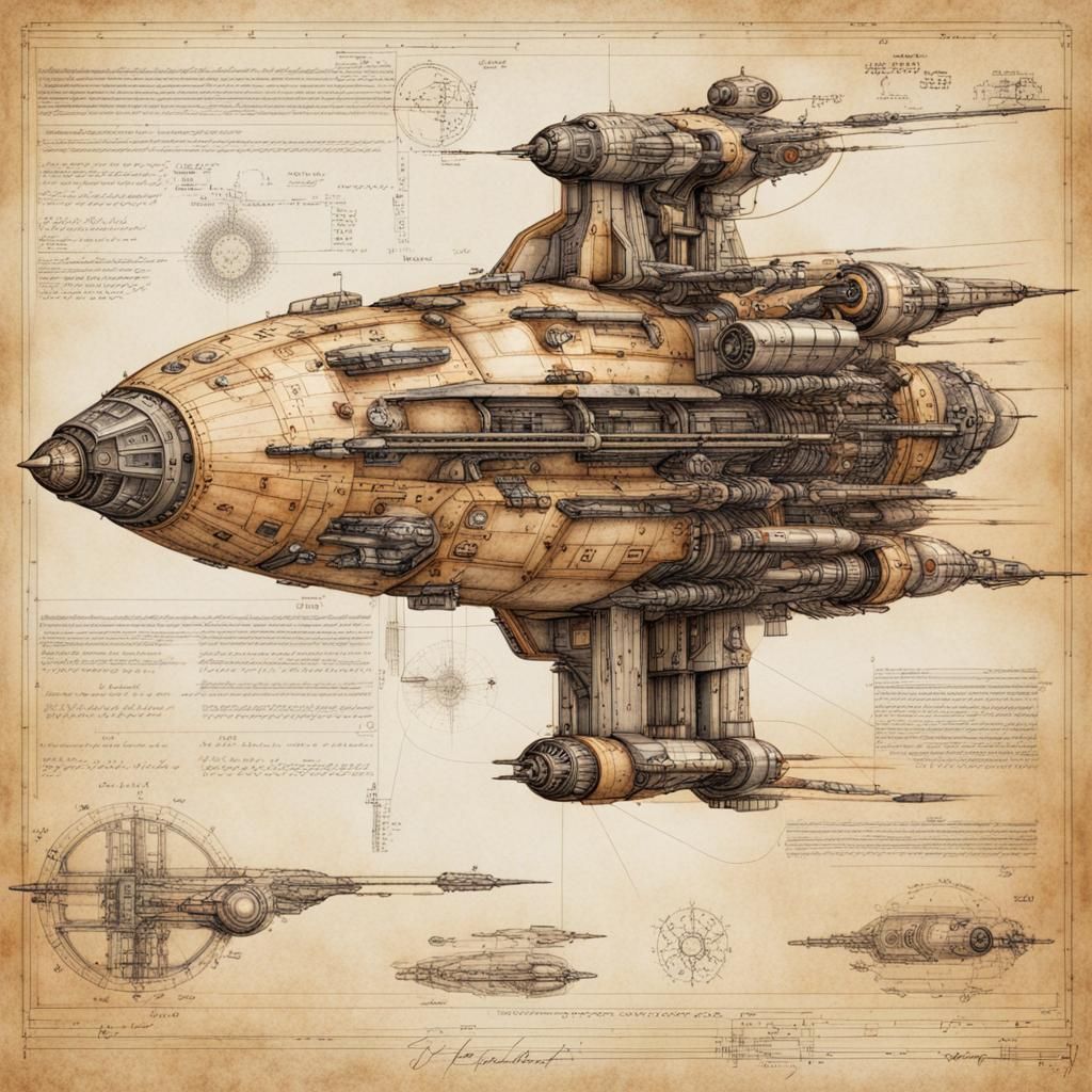 Spaceship Blueprint in Da Vinci Style