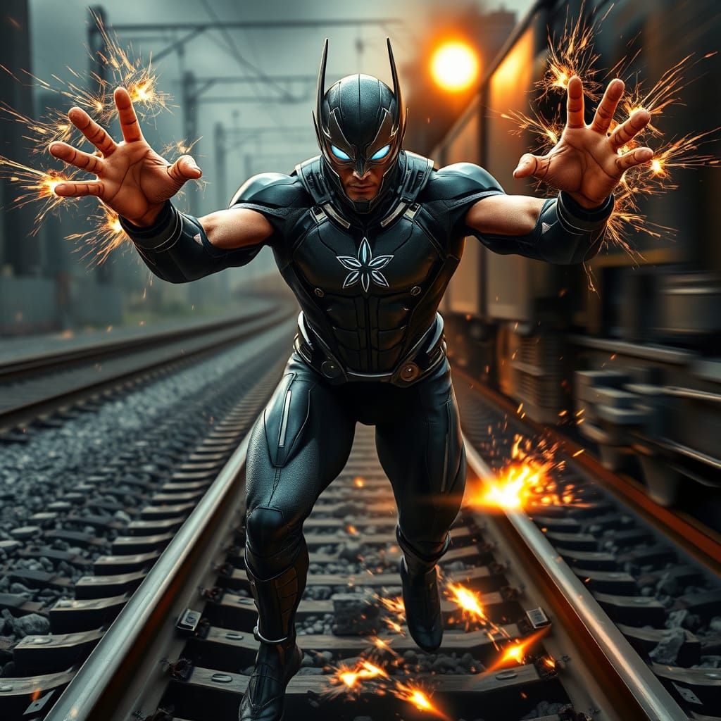 Superhero Stops Train: Cinematic, Hyper-Realistic Render