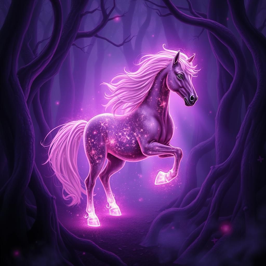Enchanted forest pony. Dark Purple ghost style. Glowing magi...