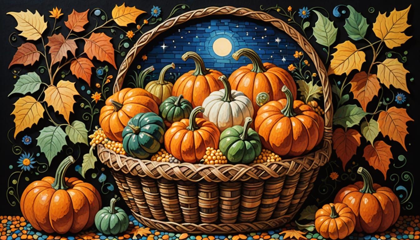 Rustic Basket of Autumn Harvest in Storybook Style