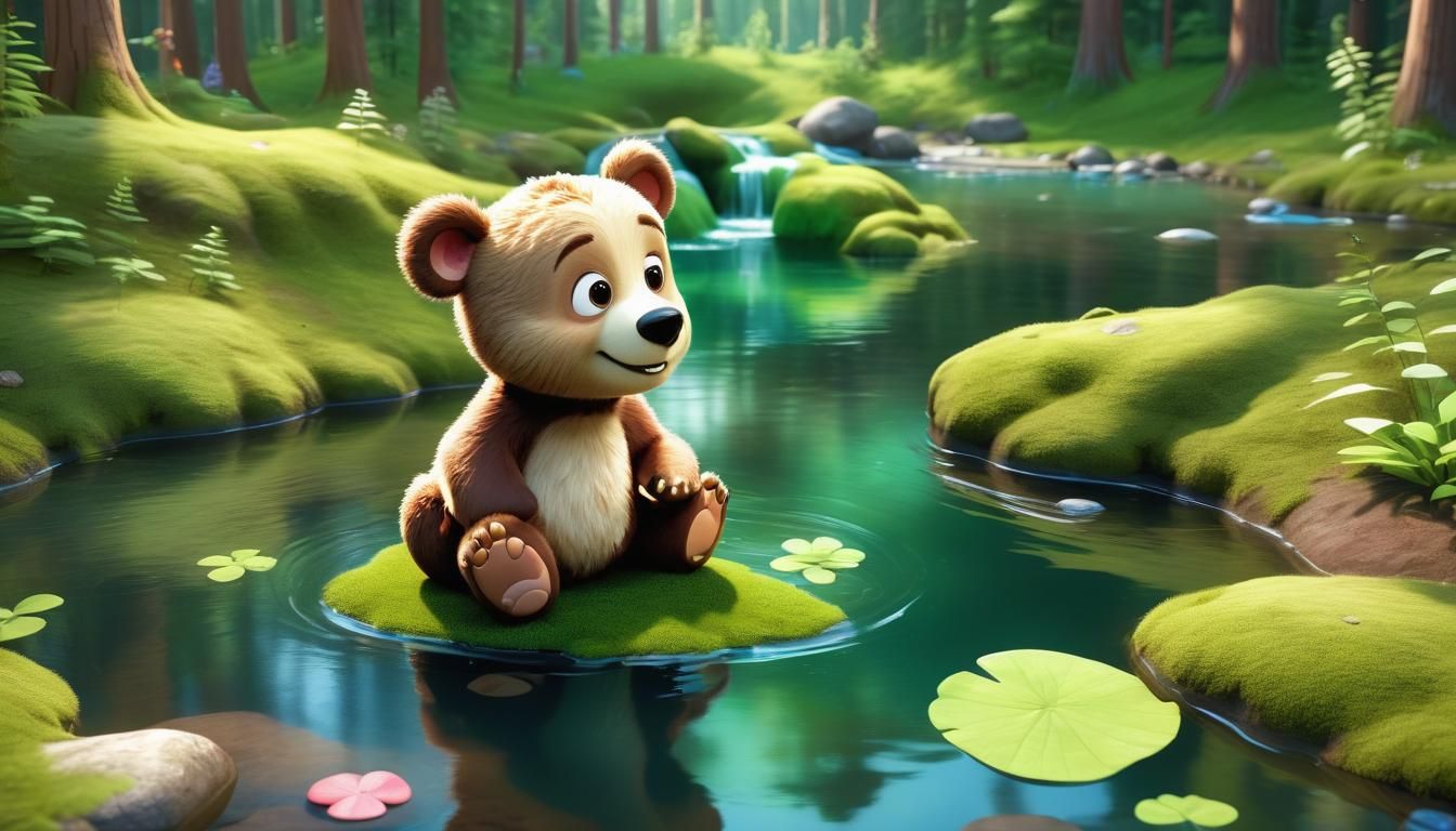 Happy Bear Cub in Forest Pond, Pixar Style