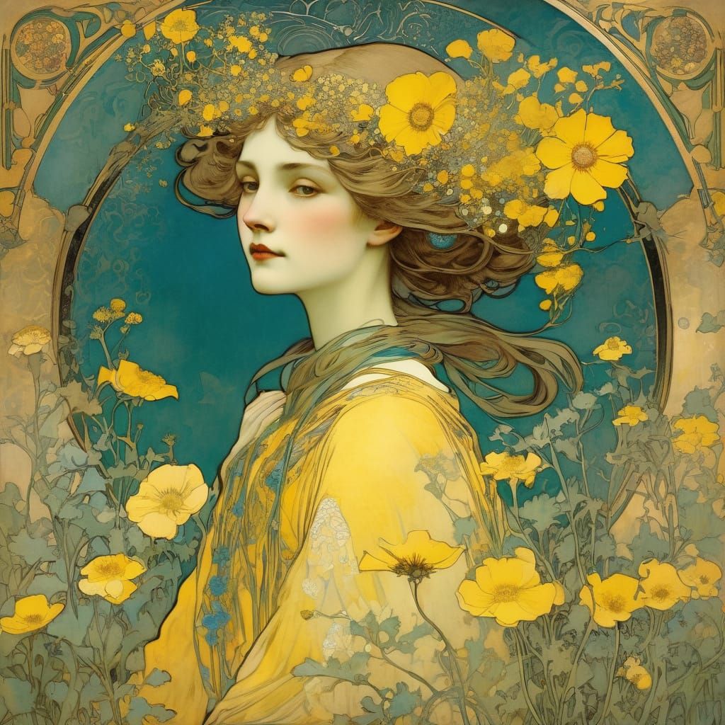 Vibrant Yellow Wildflowers in Art Nouveau Style