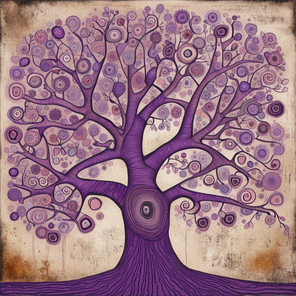 Ancient Purple Tree in Art Brut Style
