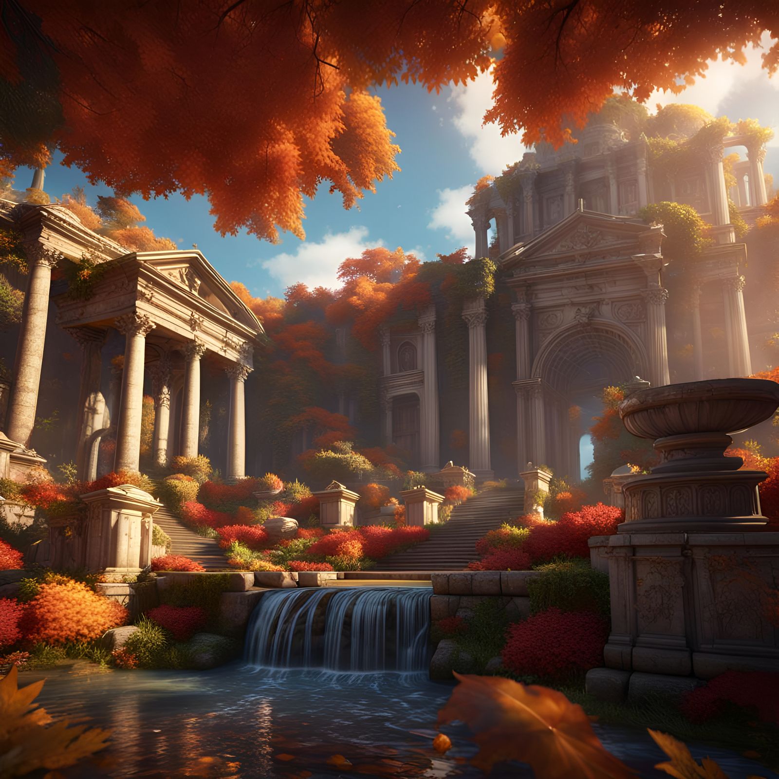 Secret Autumn Flower Garden with Roman Architecture