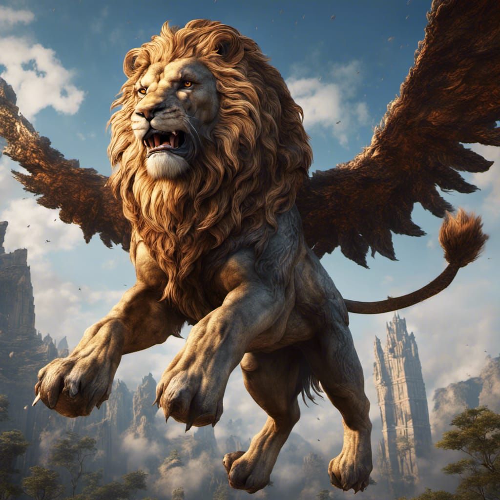 Giant Flying Lion in Detailed Fantasy Art
