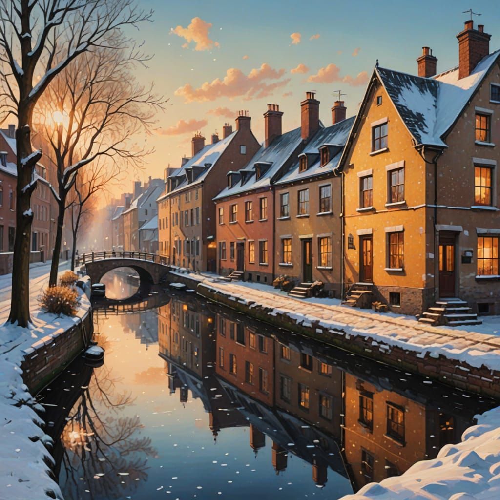 Winter Canal Scene as Oil Painting