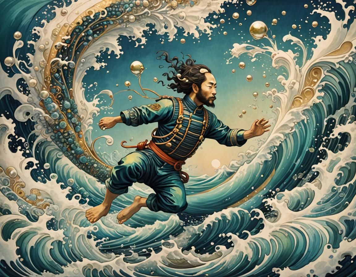 Iridescent Seascape with Pearl Diver, Hokusai Style