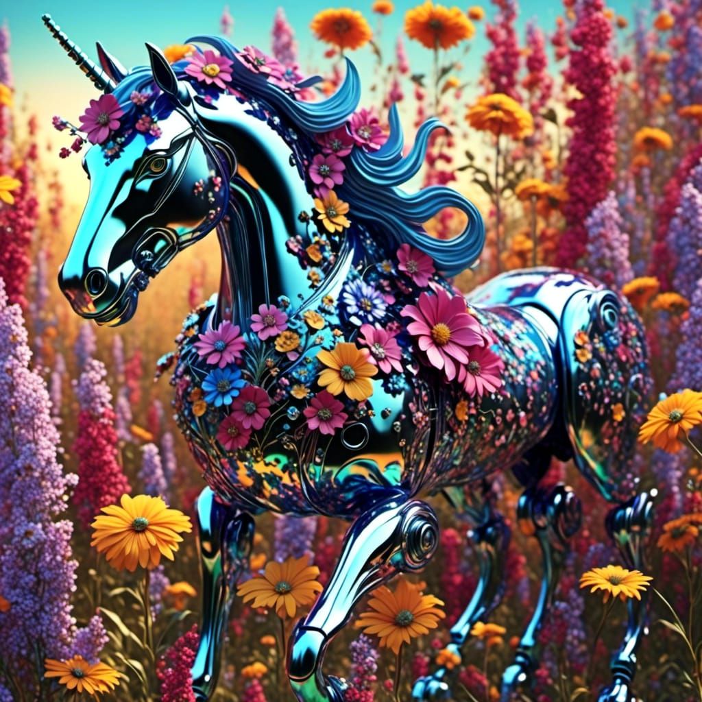 Chrome Robot Unicorn in Oil Slick Floral Scene
