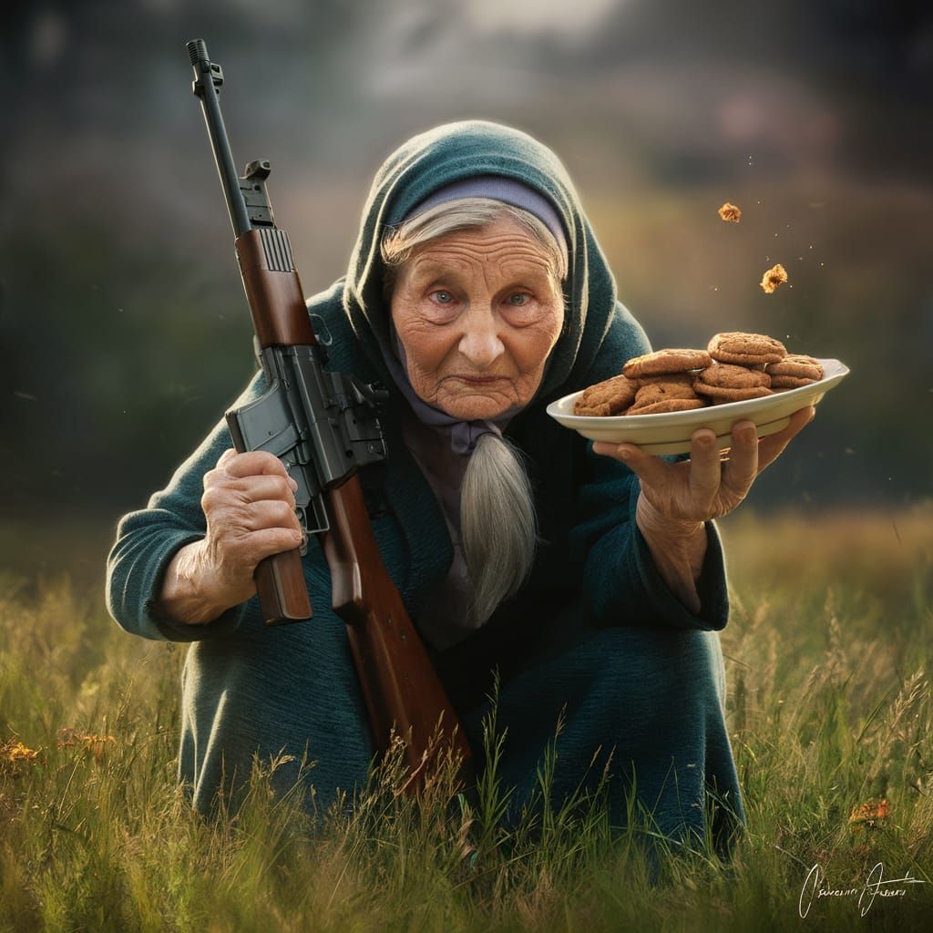 Babushka with Rifle and Cookies in Meadow