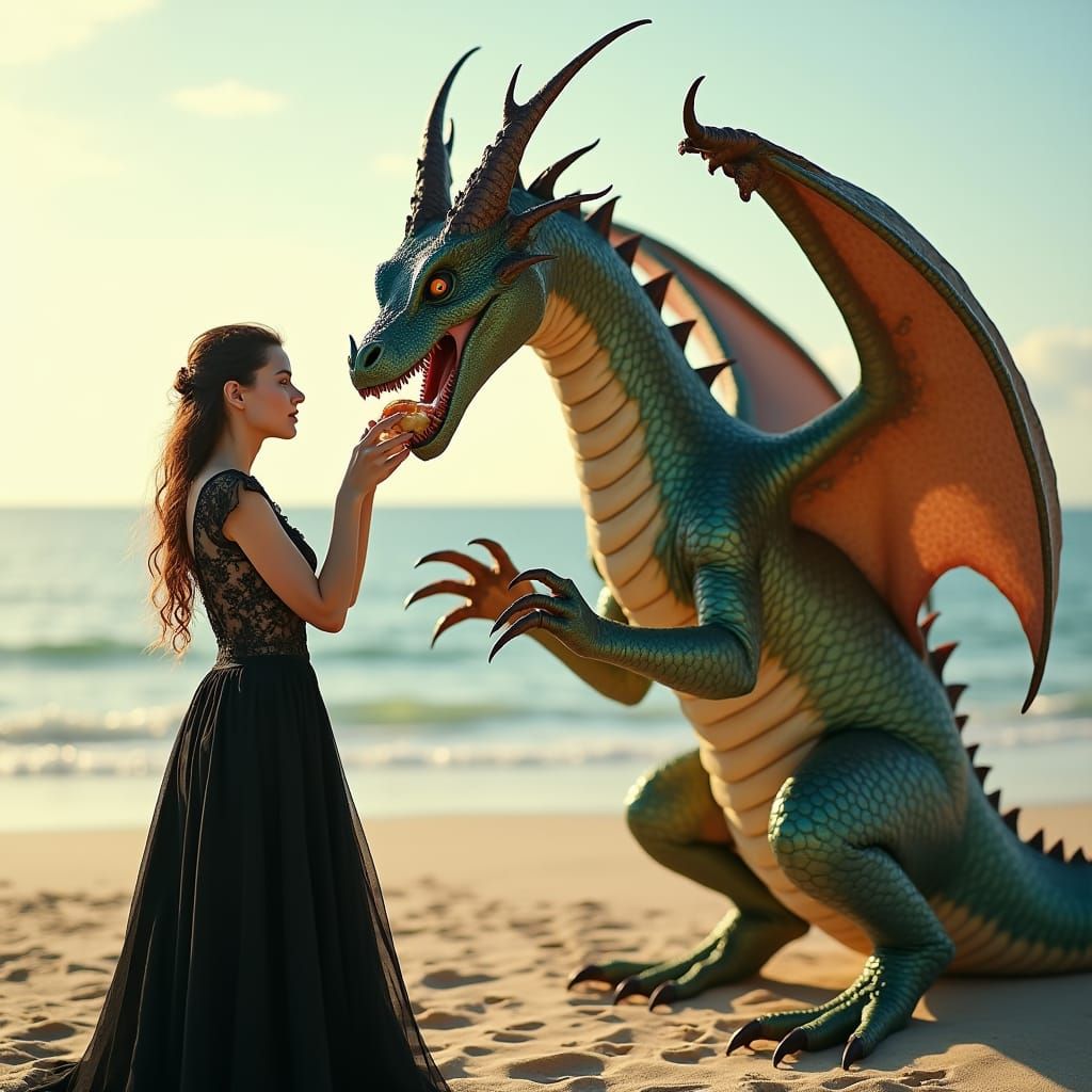 Dragon Teaches Witch Sandwich Art on Beach