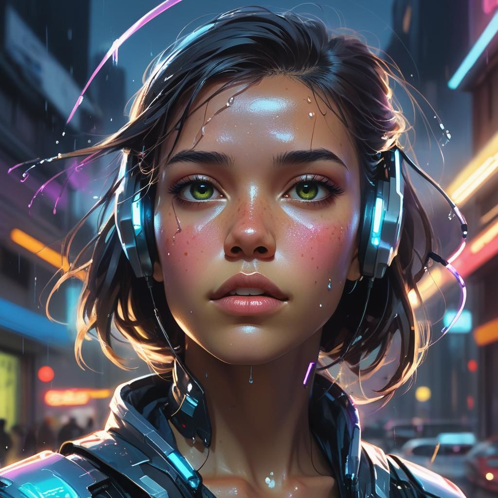 Futuristic Cityscape Portrait with Drones and Neon Lights