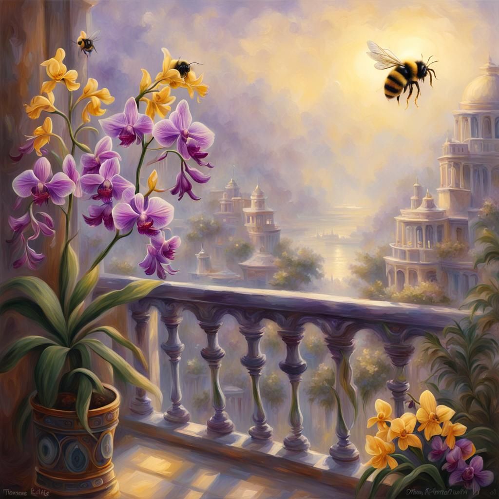 Bumble Bee and Orchids in Ethereal Setting