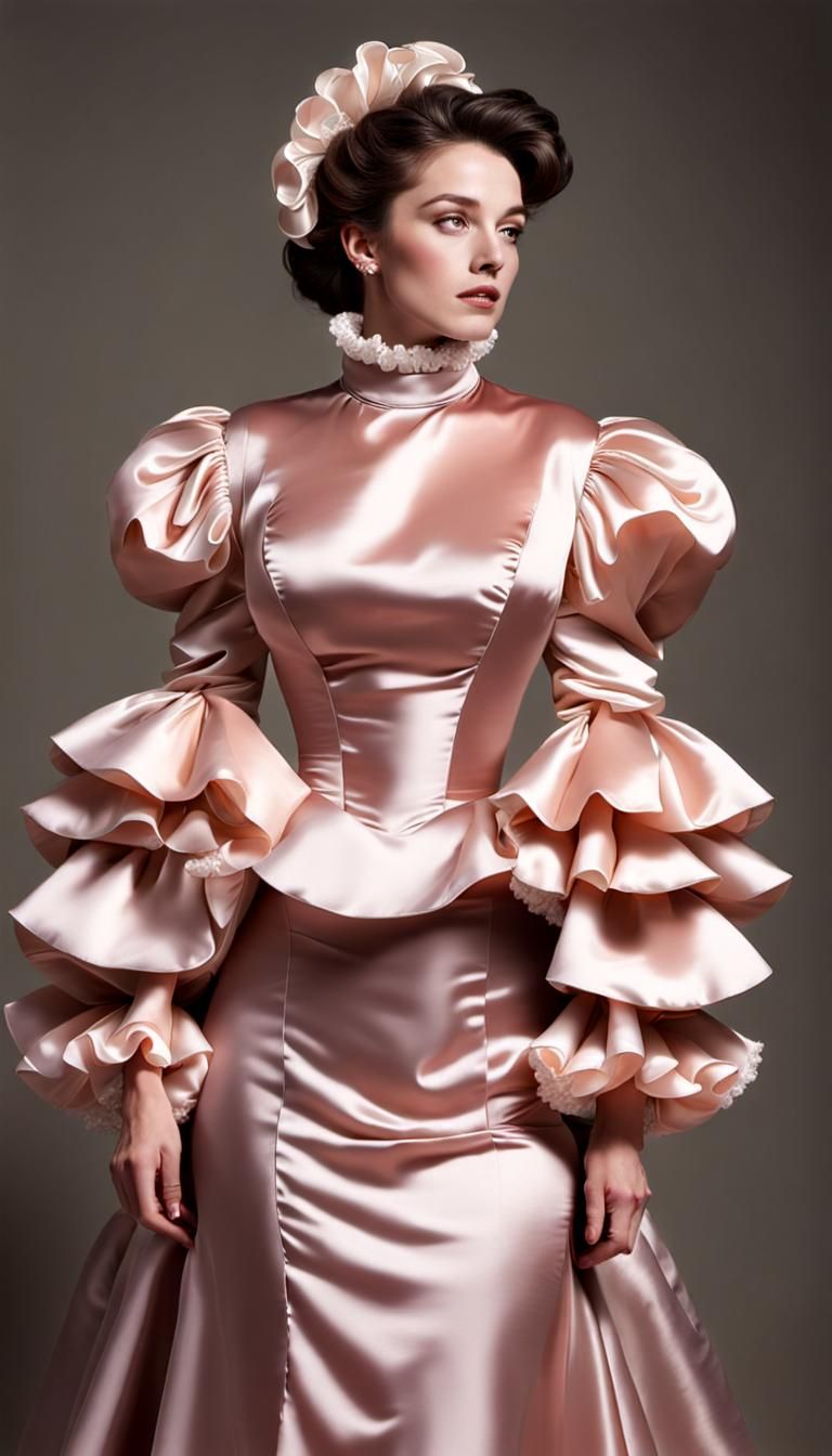 Woman in Extravagant Satin Ruffled Dress