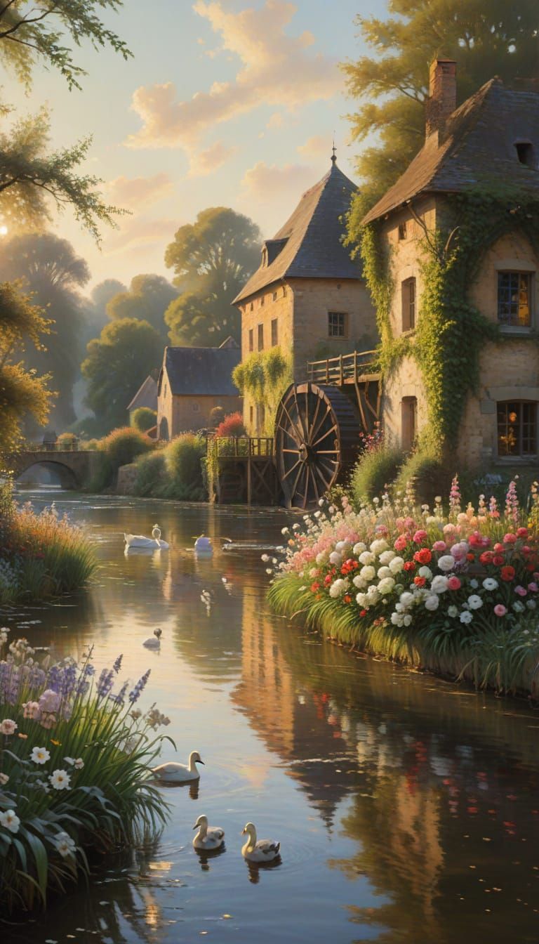 Impressionist Watermill Scene with Lush Flowers and Soft Lig...