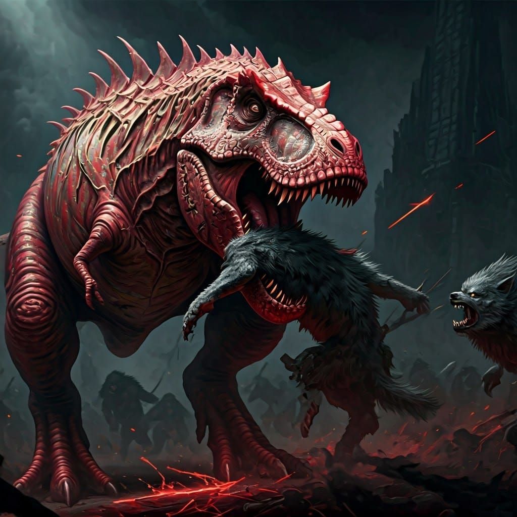 Opal Tyrannosaurus Rex Battles Werewolves in Biomechanical A...