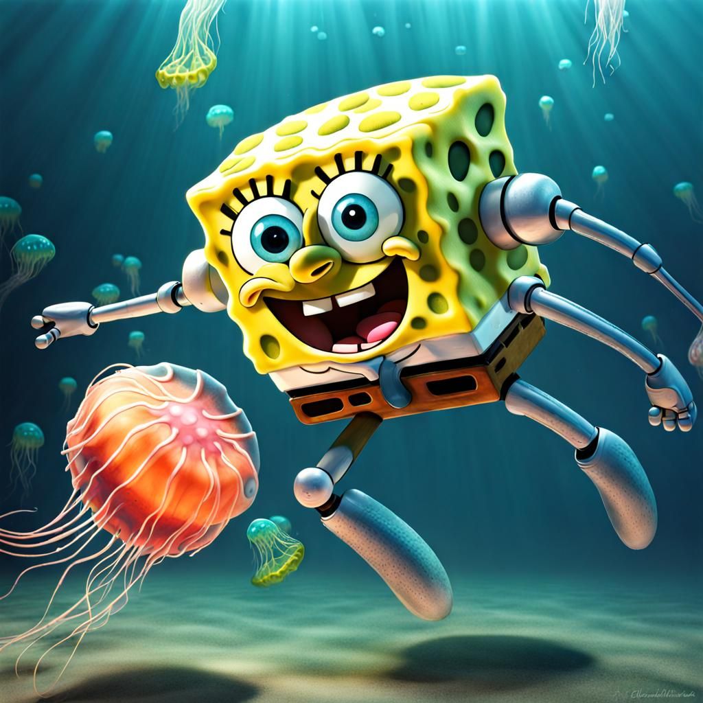 Photorealistic Spongebob Robot Chasing Jellyfish
