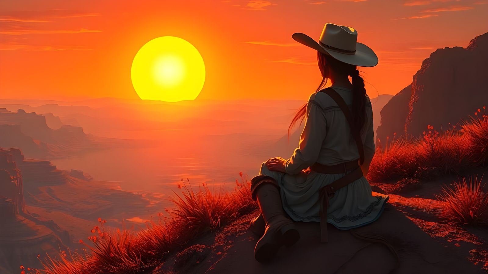 Cowgirl Finds Peace Overlooking Alien Landscape at Sunset