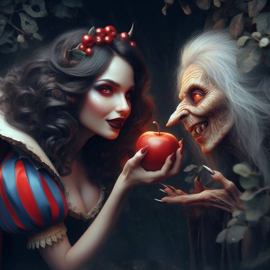 Devilish Snow White Offers Apple: Fantasy Art