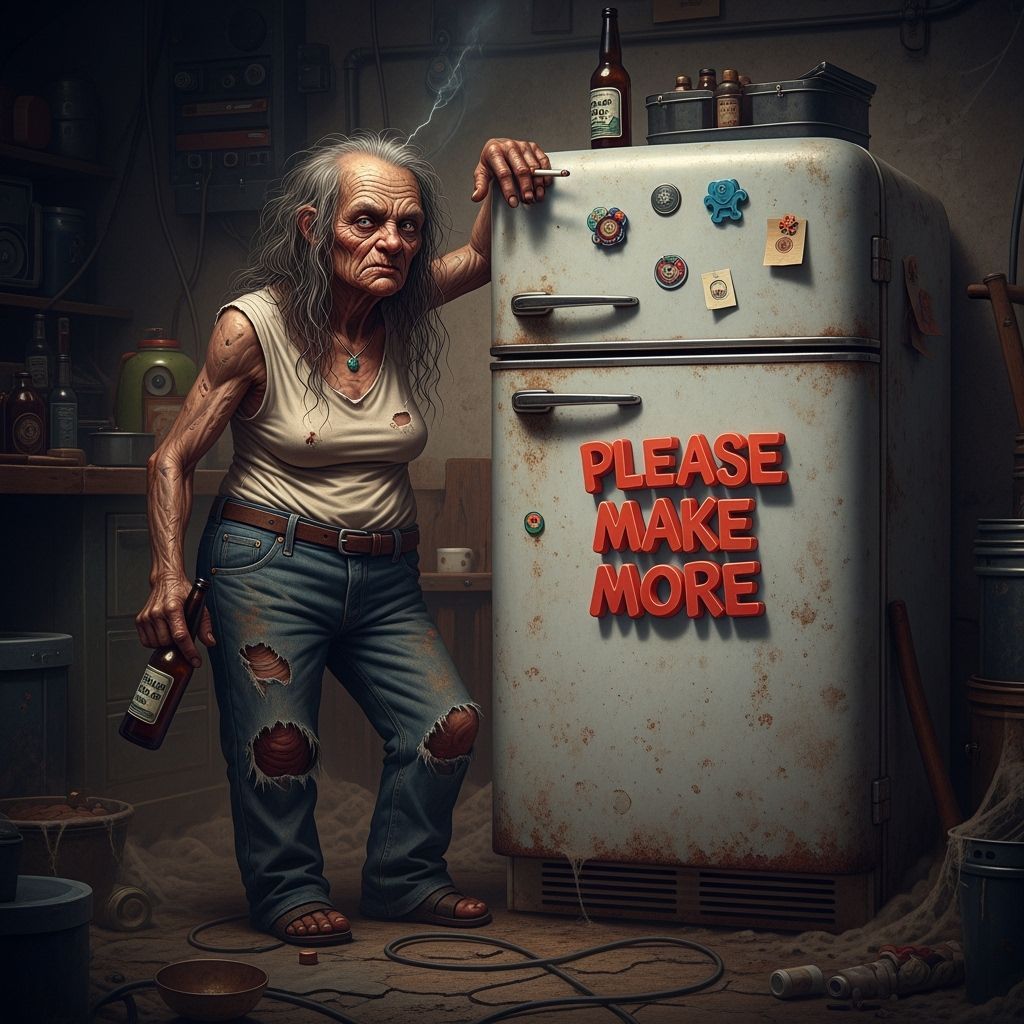 Grotesque Woman with Refrigerator, Dark Industrial Style