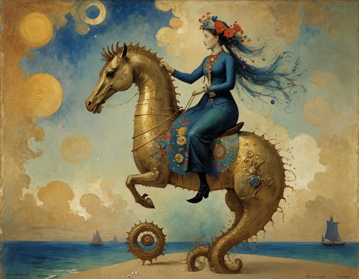 Lady Riding Seahorse in Mystic Style