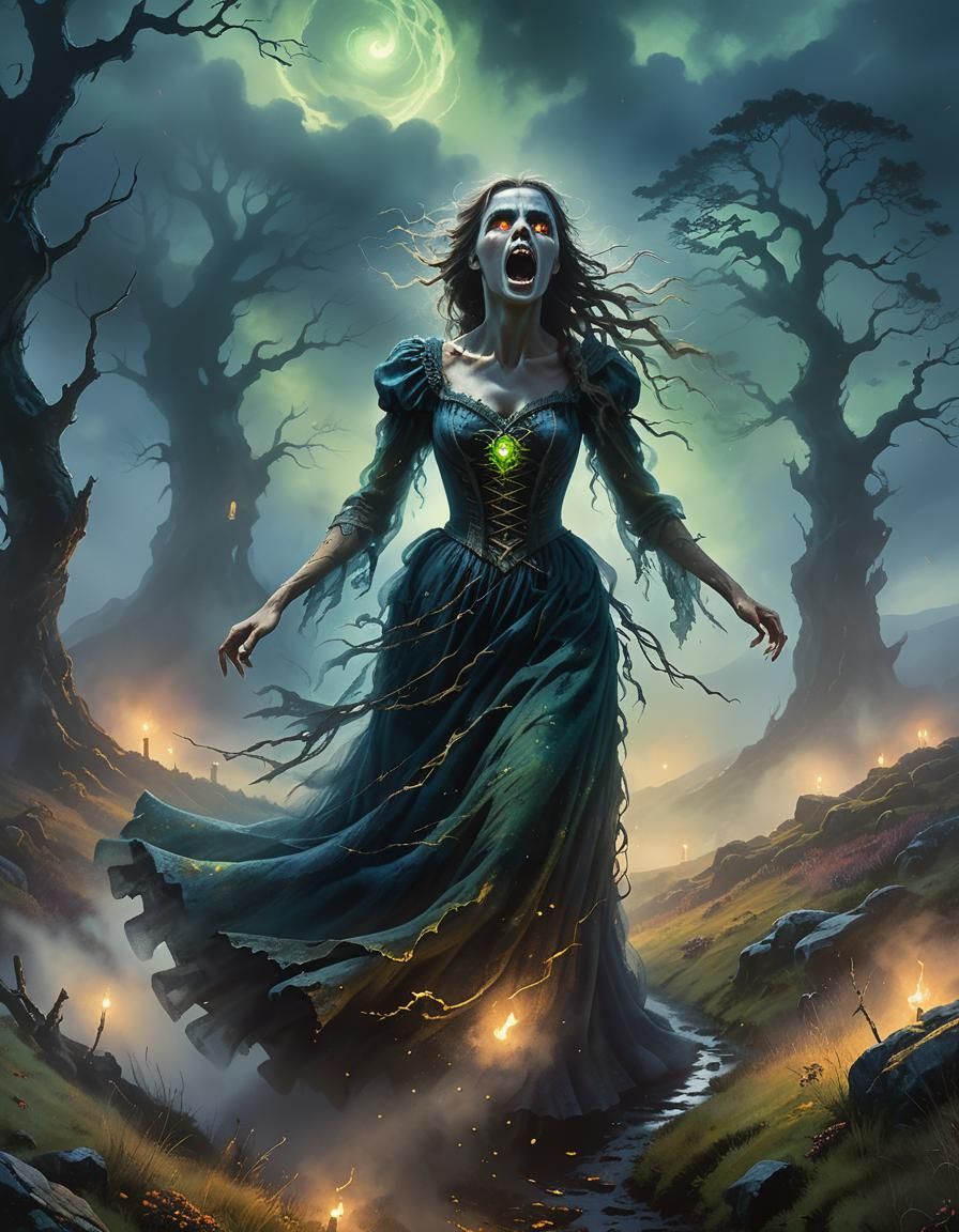 Banshee on Irish Moor in Dark Fantasy Style