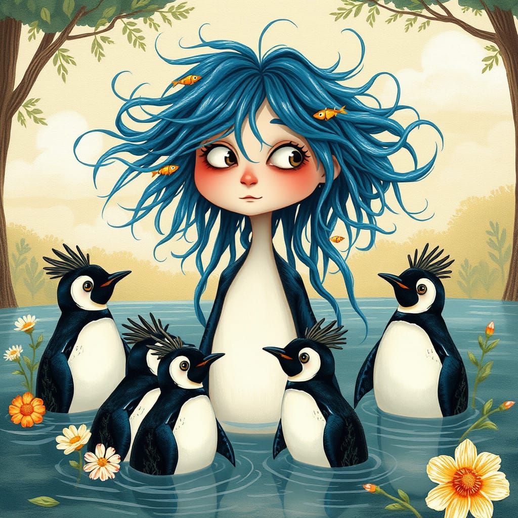 Whimsical Girl with Fish Hair and Penguins in Forest Lake