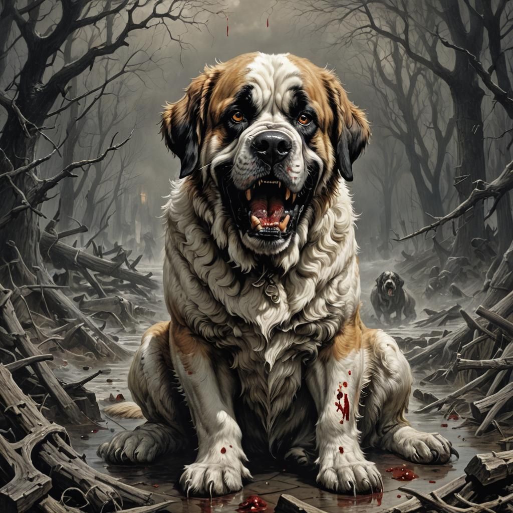 Terrifying Saint Bernard with Bloody Muzzle