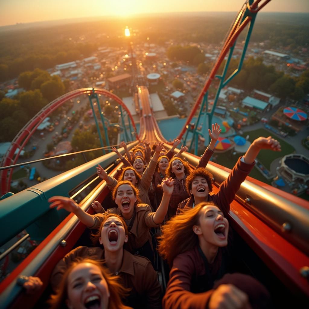 Thrilling Roller Coaster Ride at Golden Hour