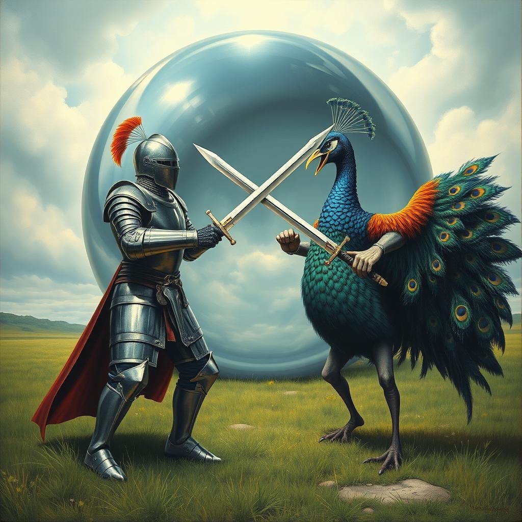 Knight Versus Peacock Creature in Surreal Battle
