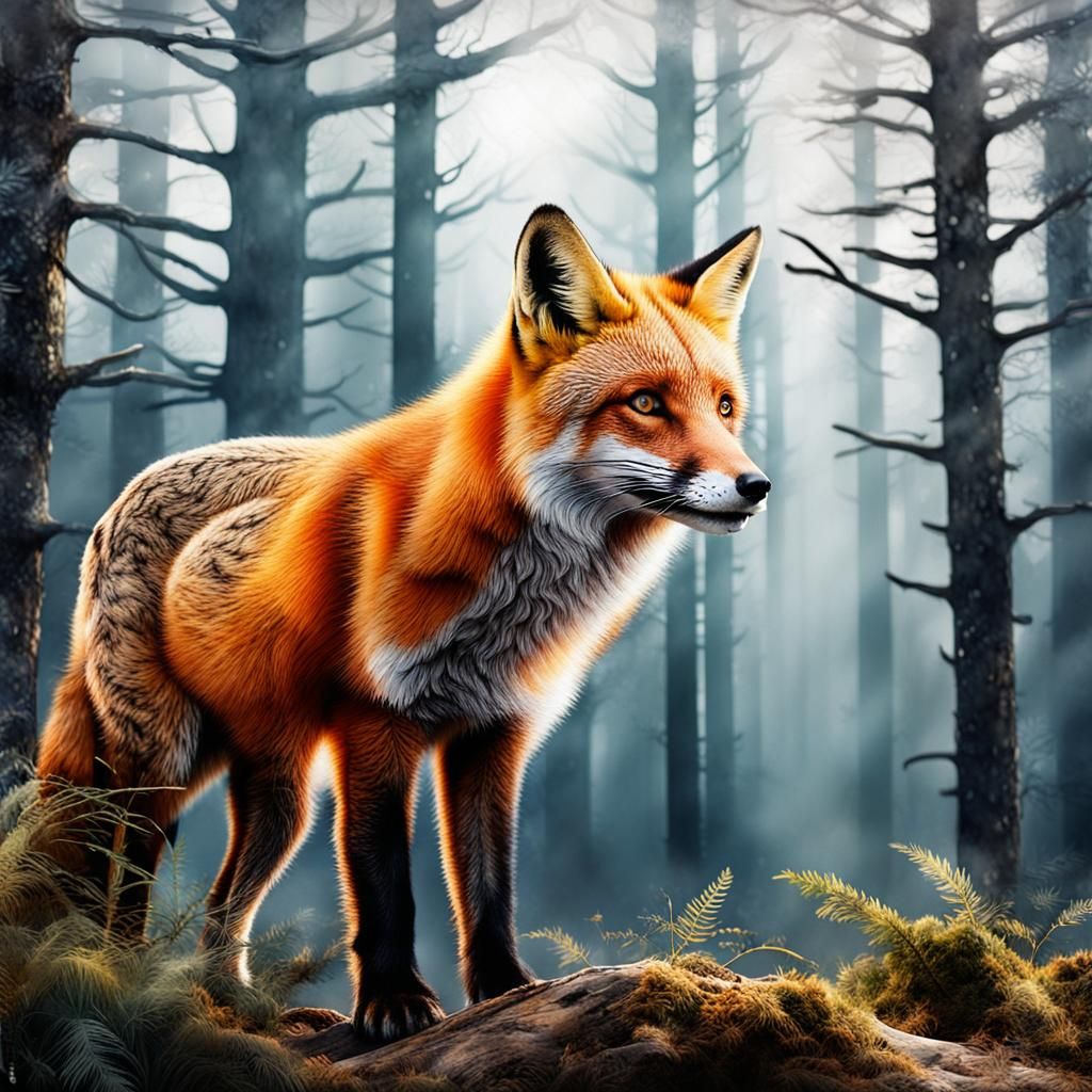 Red Fox Double Exposure in Watercolor Style