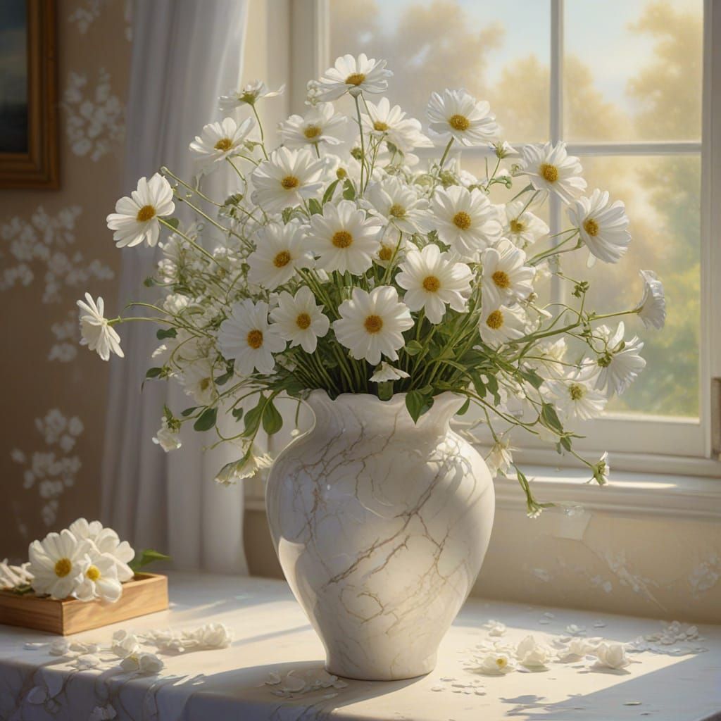 White Flowers in Marble Vase on Farmers Table, Surrealist St...