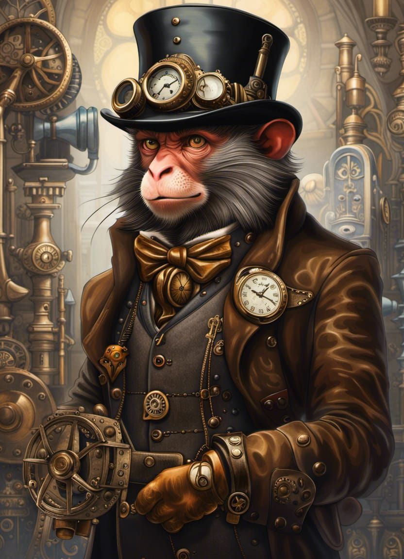 Steampunk Macaque with Clockwork Gears and Brass Details