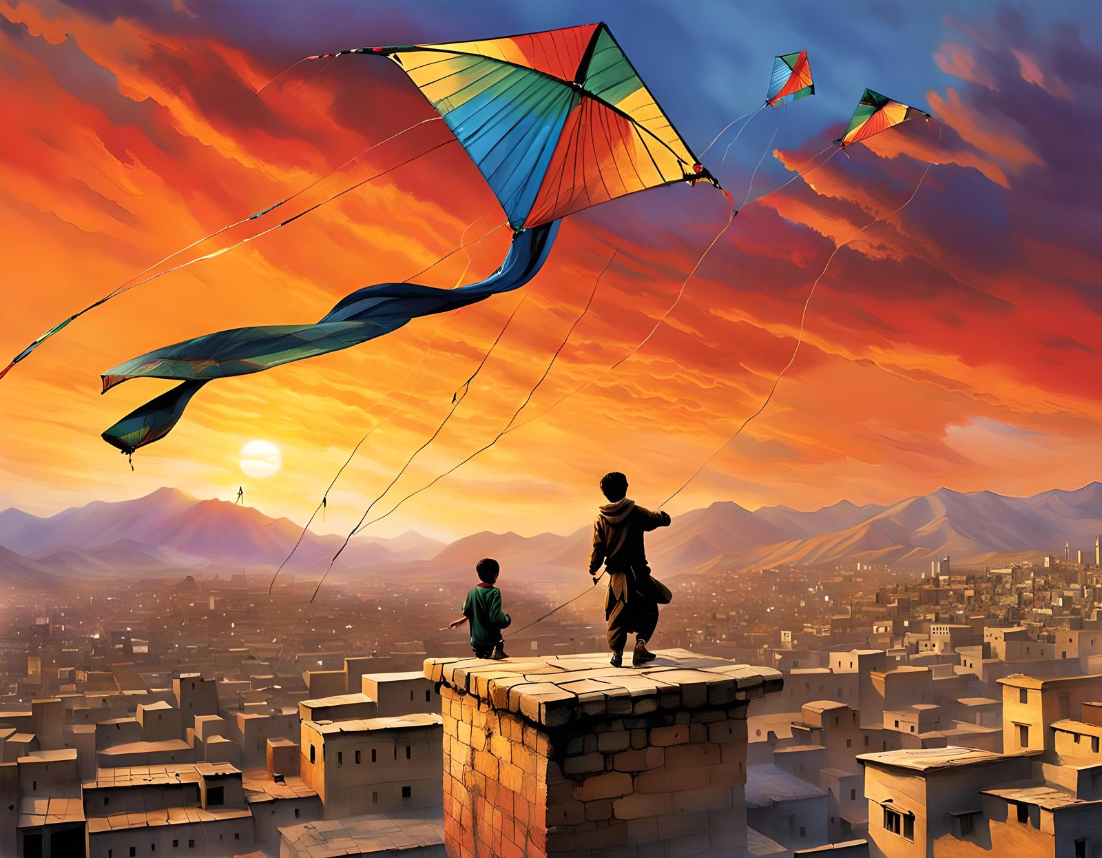 Kite Soaring Over Kabul Rooftops at Sunset