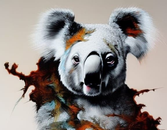 Adorable White Koala Portrait in Inkblot Style