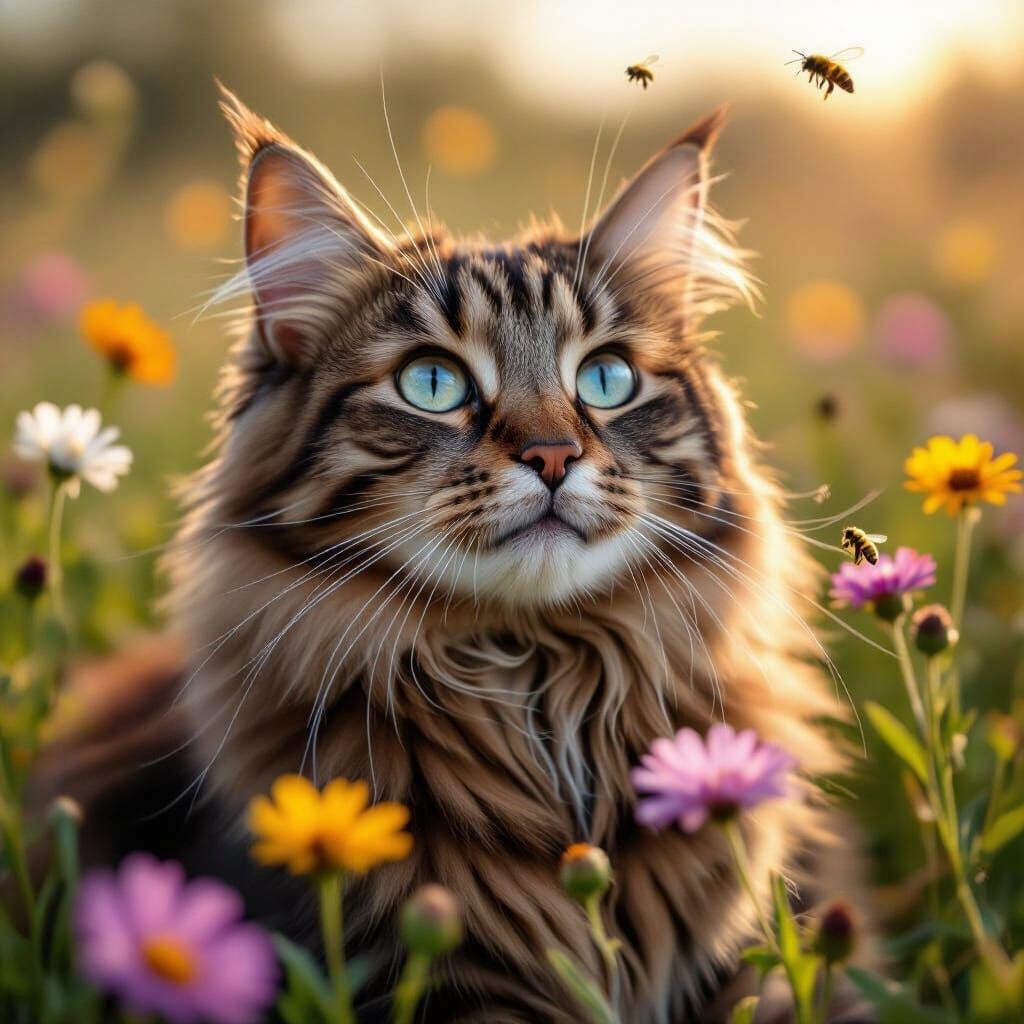 Joyful Cat in Wildflower Meadow, Photorealistic Impressionis...