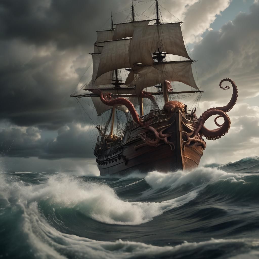 Colossal Octopus Attacks Sailing Ship: Dutch Master Painting