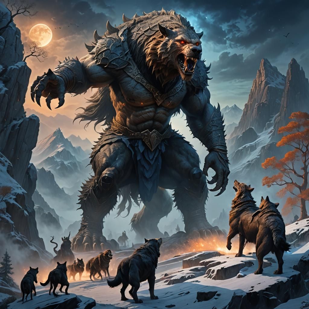 Dire Wereboar Confronts Wolves in Fantasy Landscape
