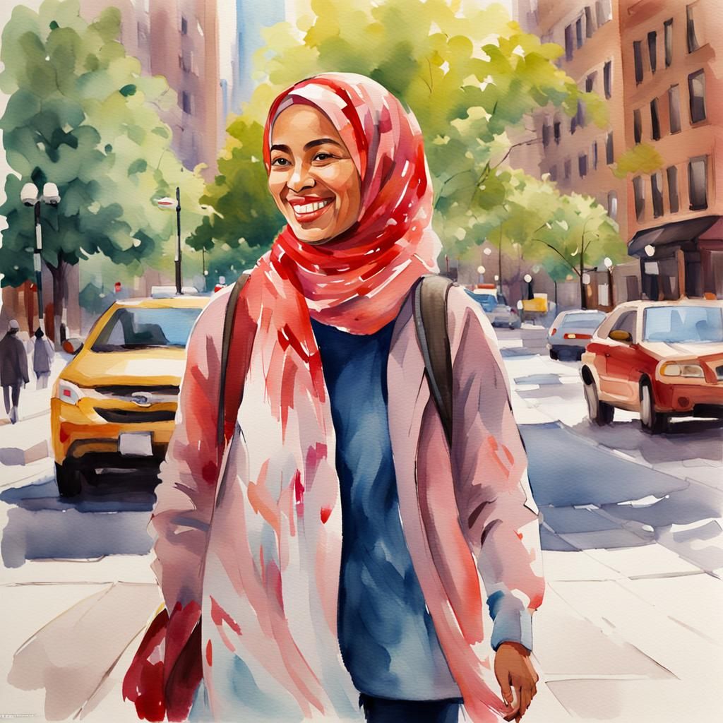 Happy Woman in Hijab: Watercolor Portrait in Chicago
