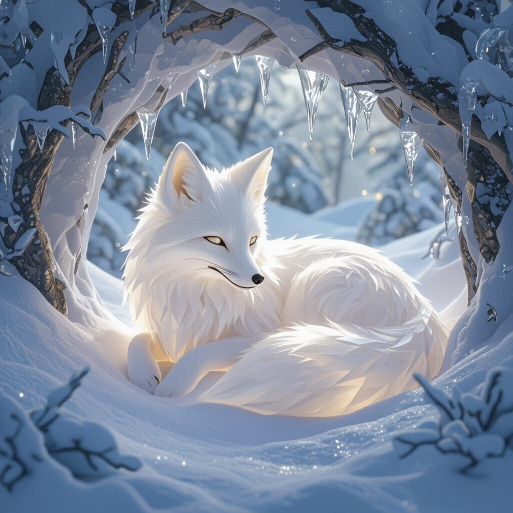 Crystal Fox in Snowy Den, Fantasy Art Style