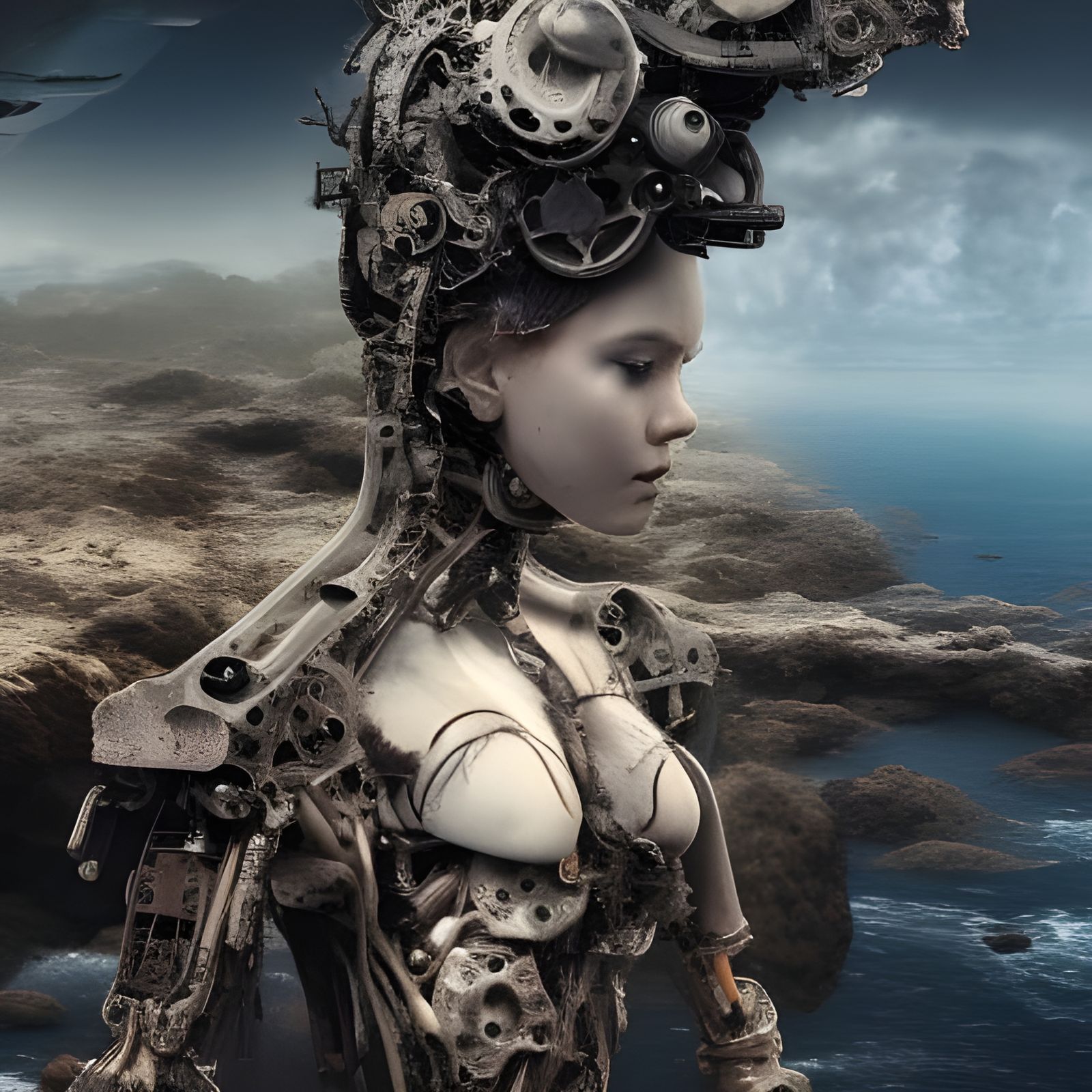Broken Mechanized Girl Near Crashed Ship