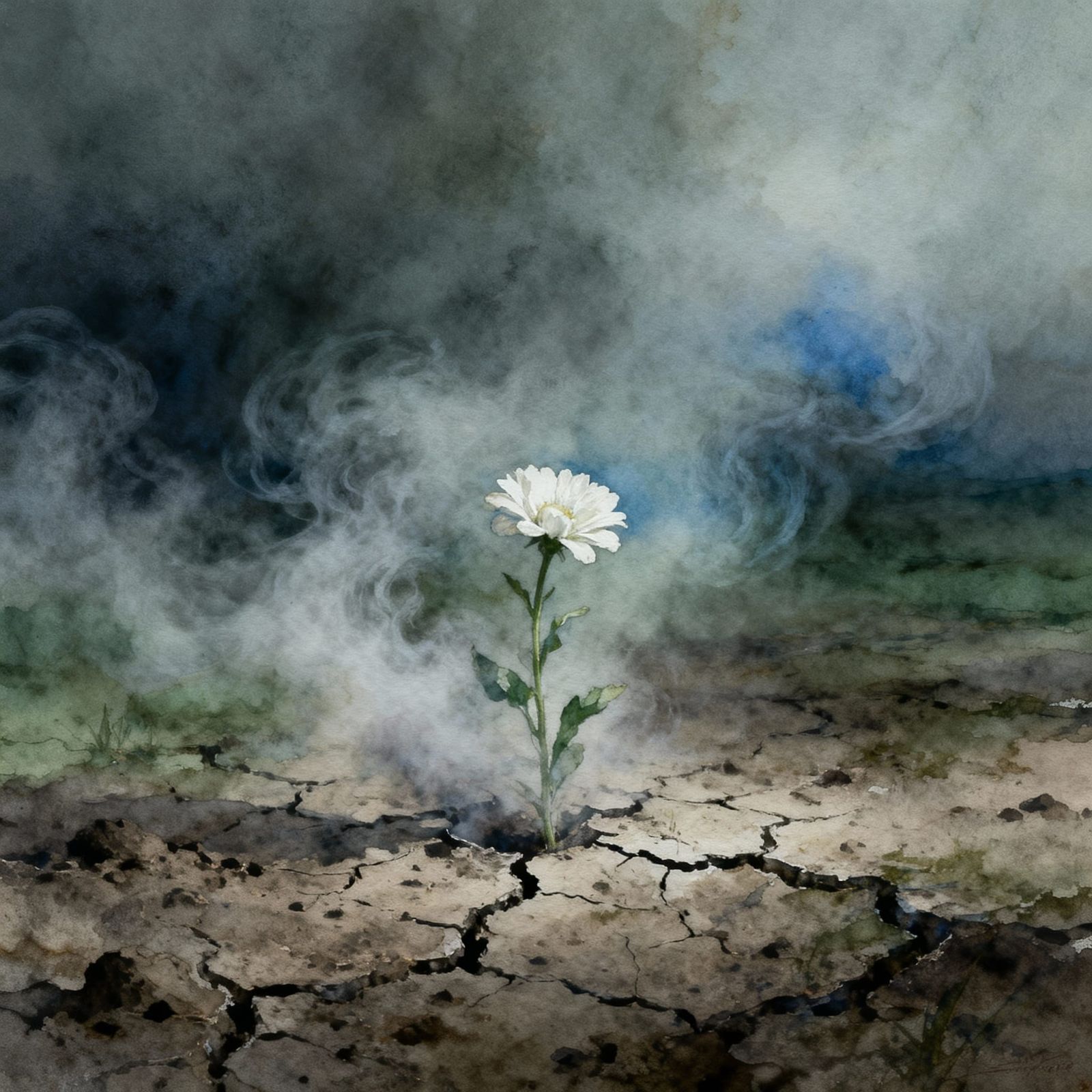 Lone White Flower in Misty Fog, Evocative Watercolor Style