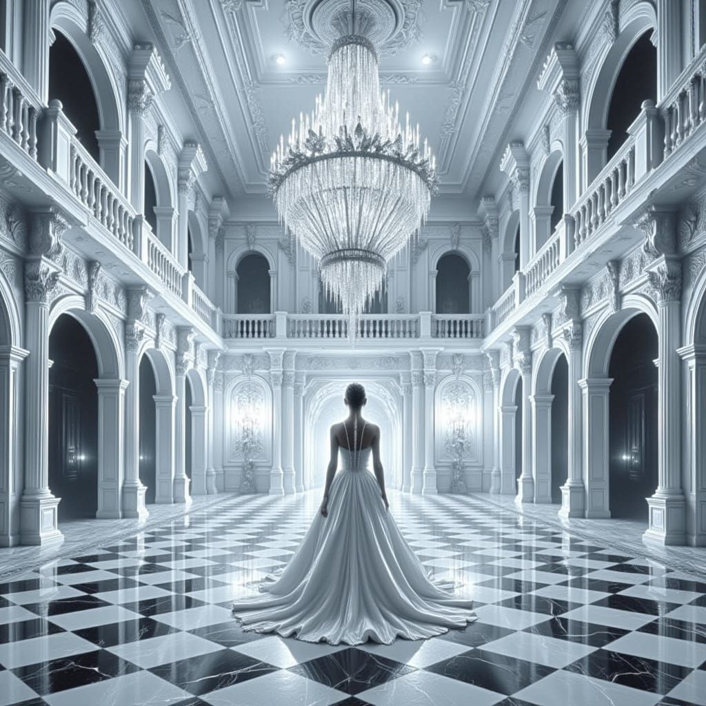 Monochrome Baroque Ballroom with Checkered Floor