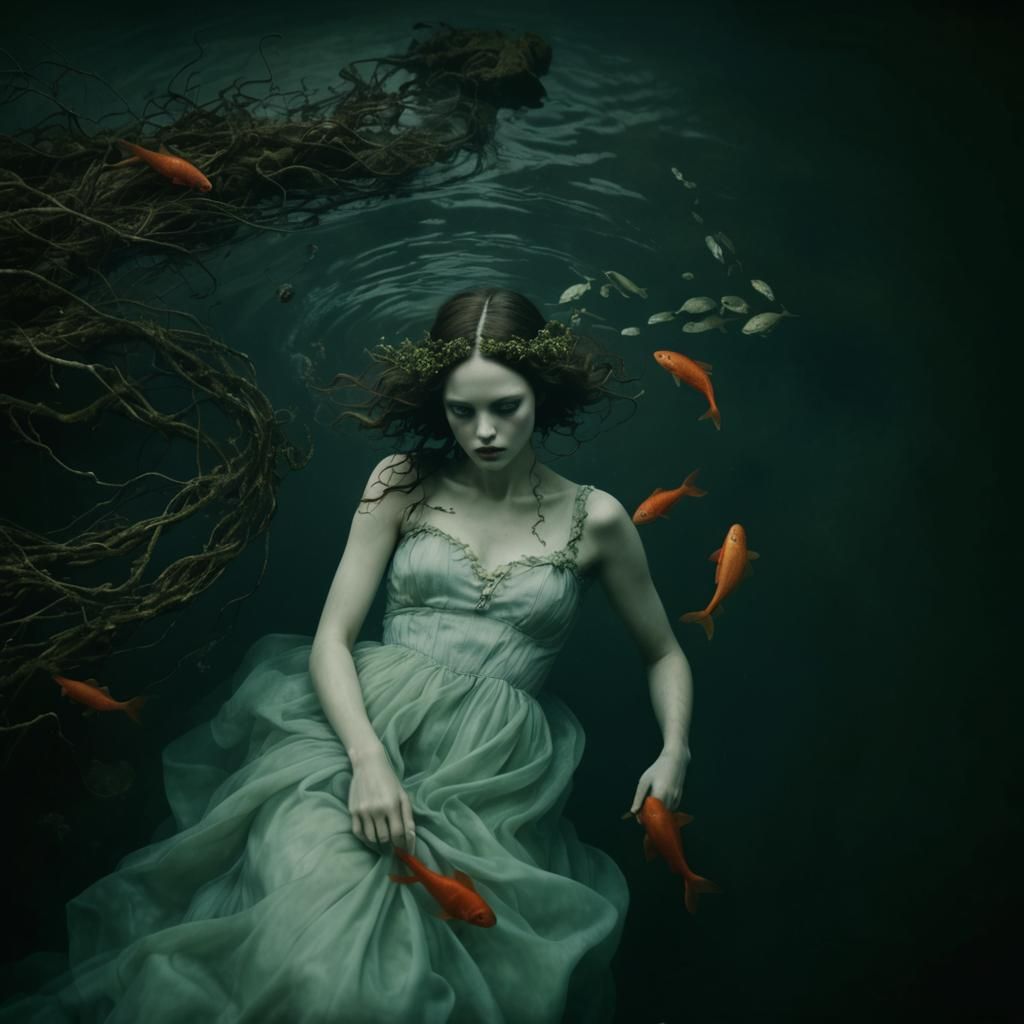 Surreal Drowning Scene with Seaweed and Fishes