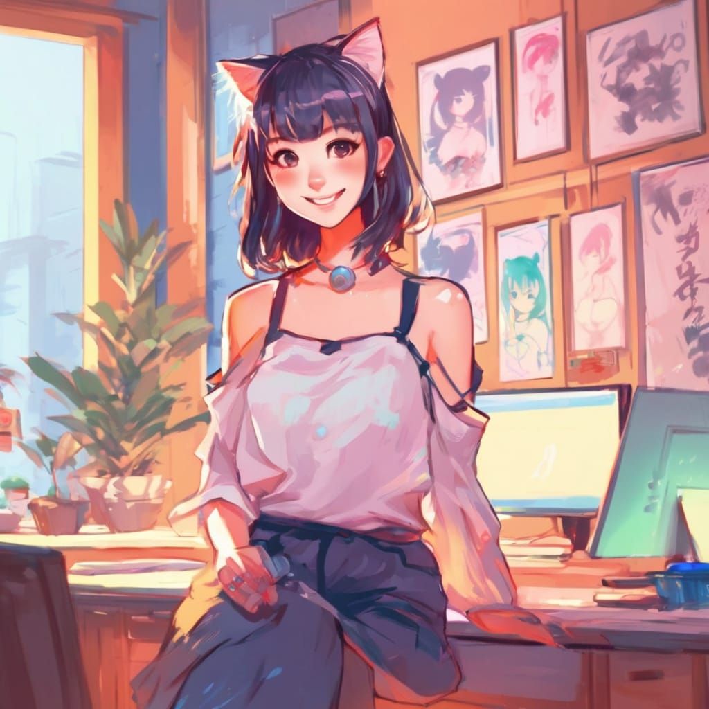 Impressionist Neko Portrait in Anime-Inspired Style