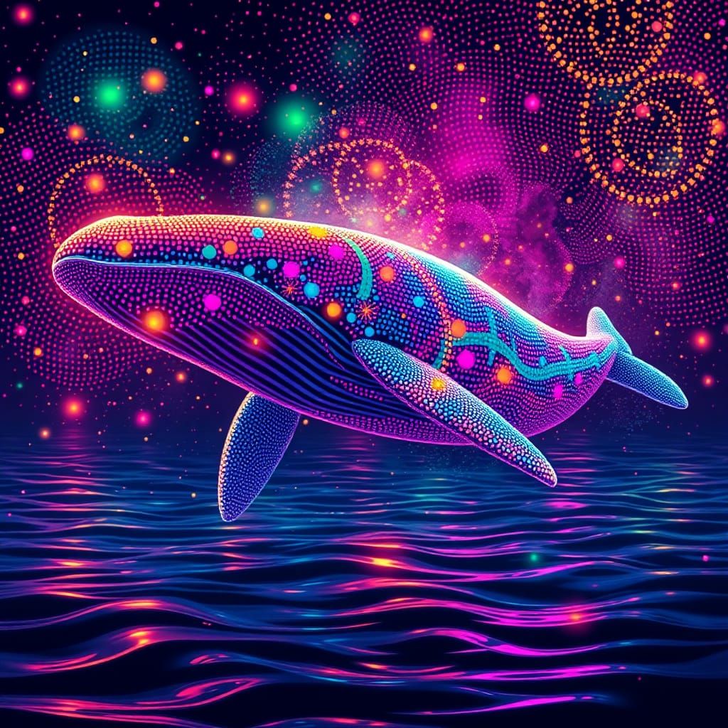 Neon Whale in Pointillist Abstract Expressionism