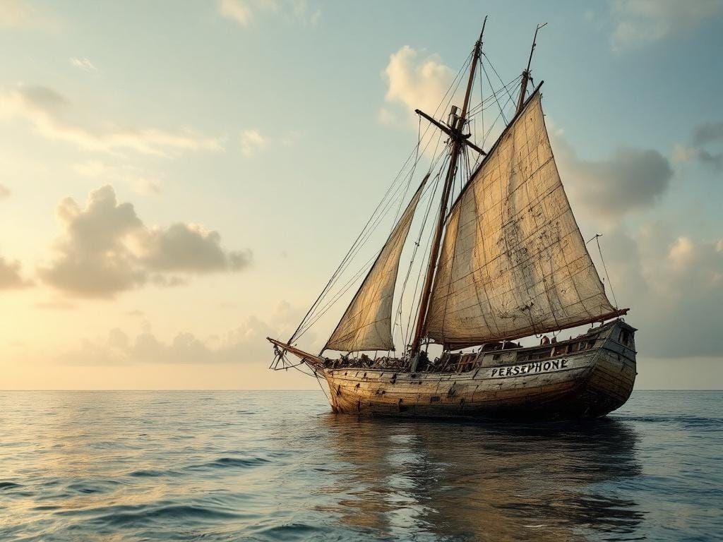 Derelict Yacht Persephone Drifting at Sunset